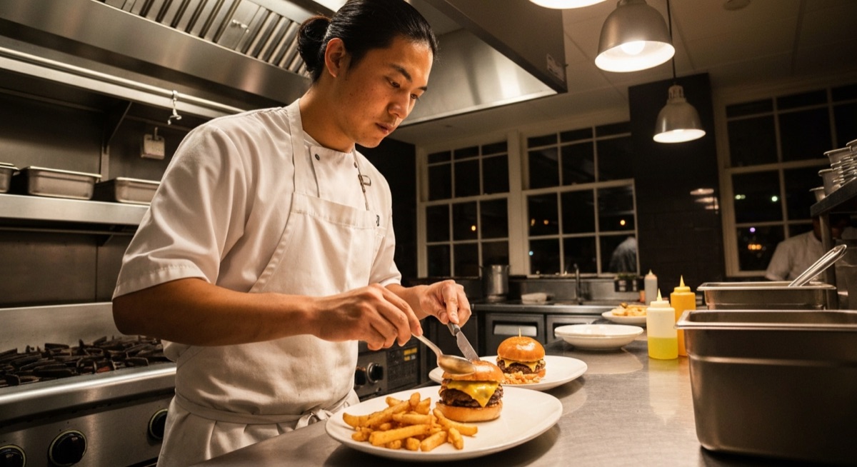 Line cook plating food during dinner service at Orlando Sand Lake Road restaurant kitchen