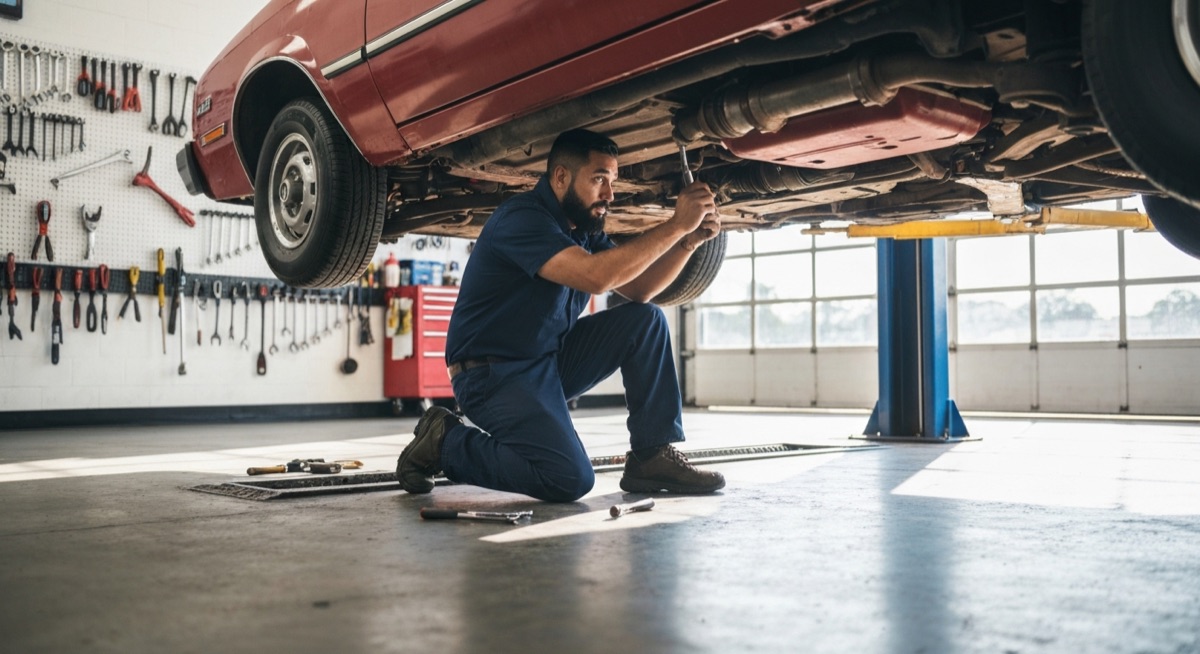 Independent mechanic performing pre-purchase inspection on used car in Orlando service bay