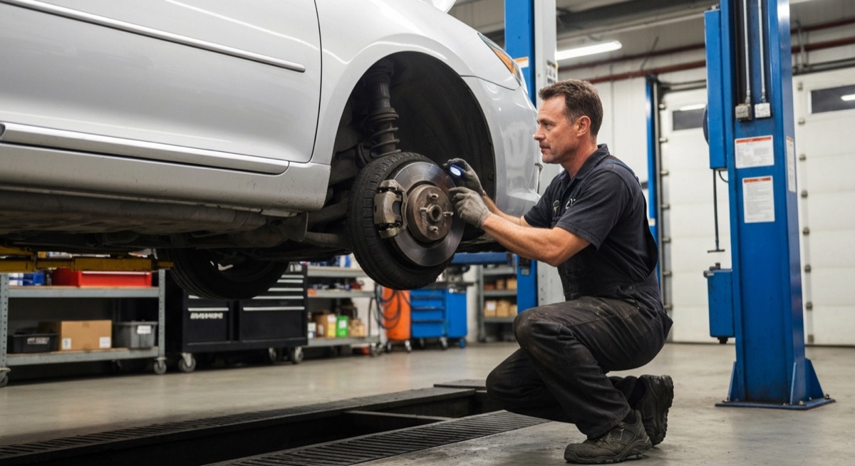 Mechanic inspecting brake pads and rotors on sedan for rideshare compliance in Orlando shop