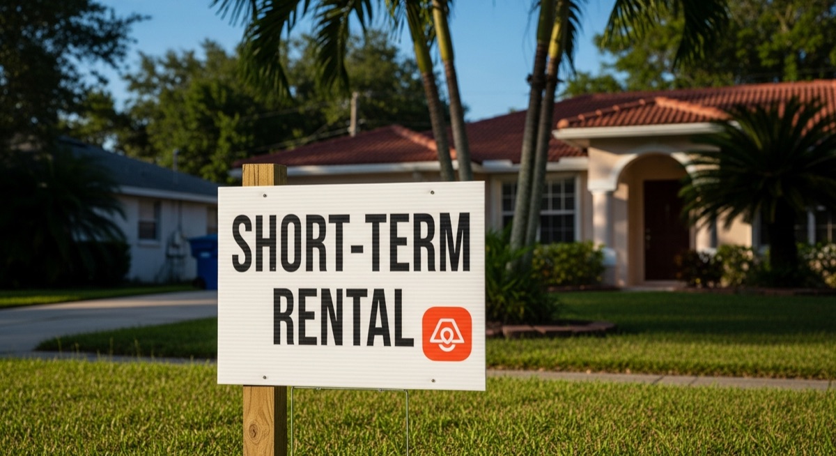 Short-term rental sign posted on residential property in Orlando residential neighborhood