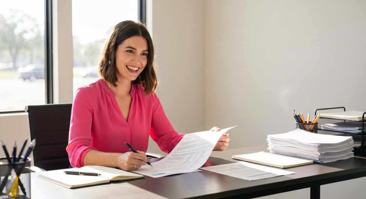 Small business owner reviewing grant application documents at desk in Orlando office