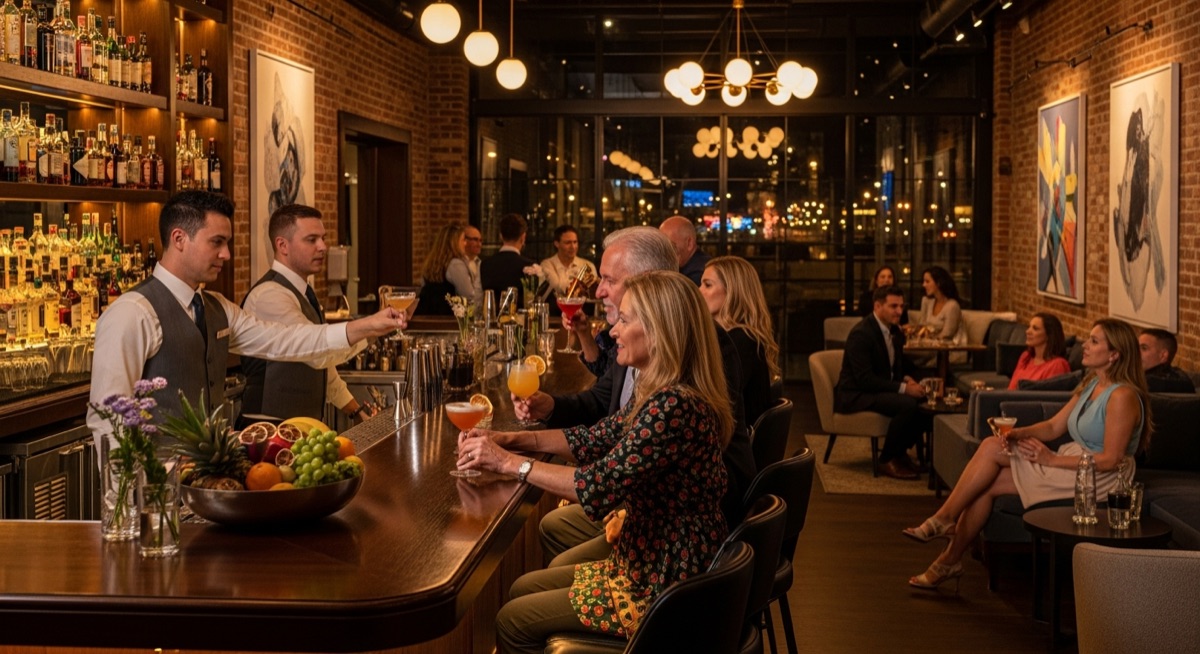Sober bar patrons enjoying mocktails at evening venue in downtown Orlando