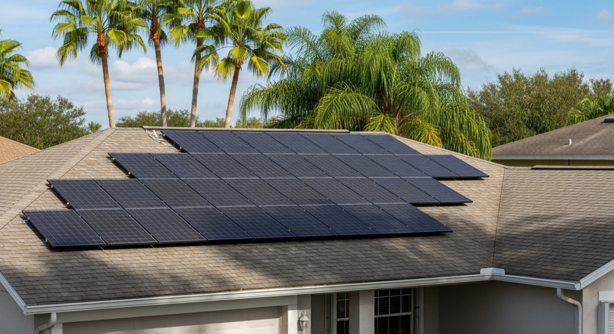 Solar panel array installed on south-facing residential roof in suburban Orlando home with Florida palm trees in background