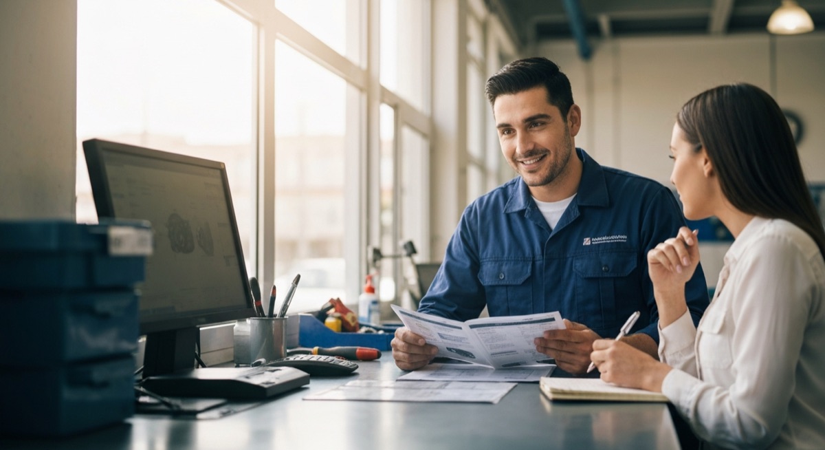 Spanish-speaking mechanic explaining car repair estimate to customer at service counter
