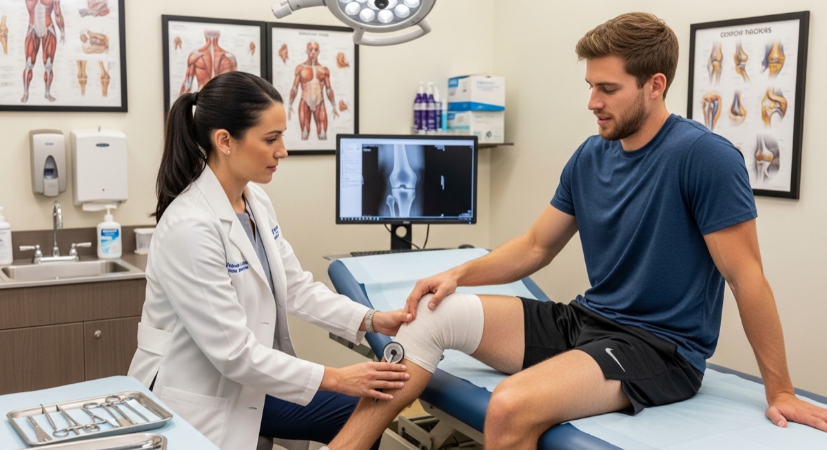 Sports medicine doctor examining patient's knee injury in clinical setting