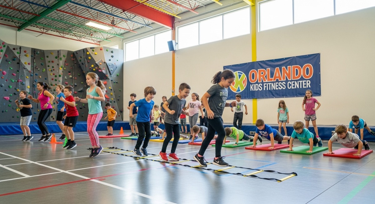 Kids doing group fitness activities at an indoor recreation facility in Orlando