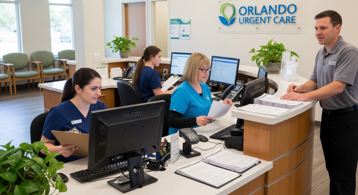 Urgent care clinic reception desk in Orlando with staff checking patient paperwork
