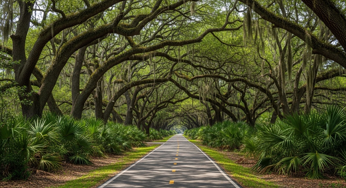 Paved walking trail through shaded oak canopy in Central Florida summer landscape