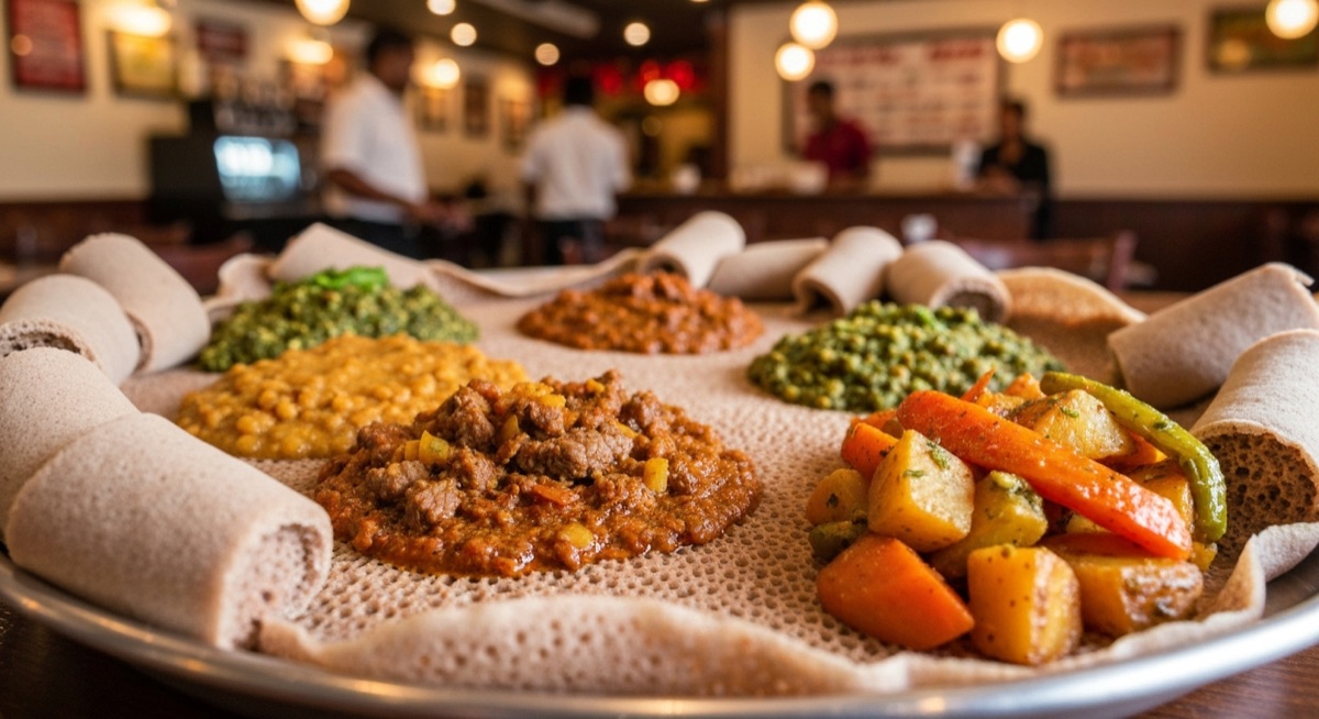 Ethiopian injera platter with wots and vegetable sides at Orlando restaurant