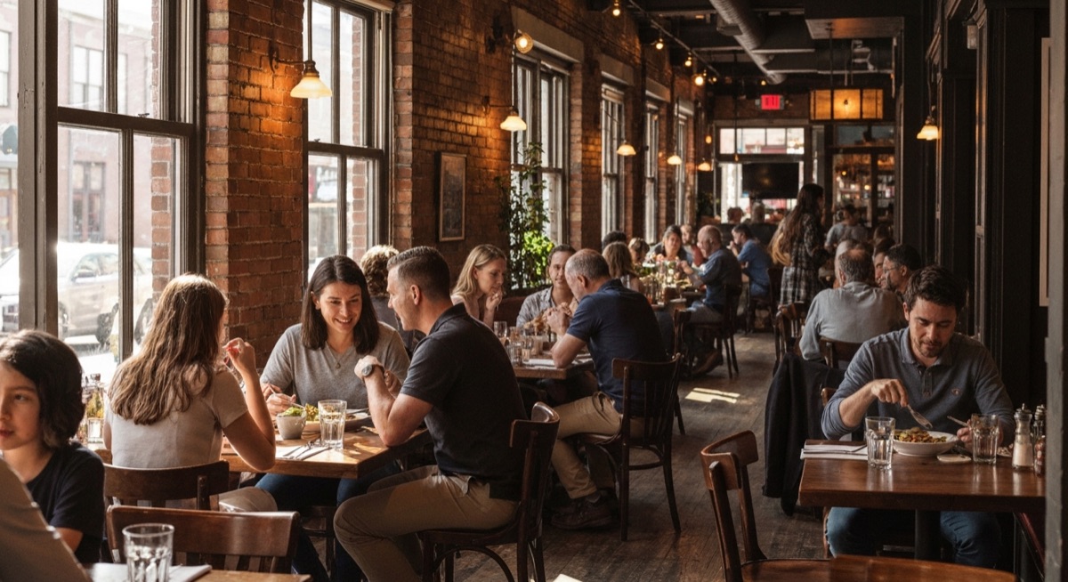 Independent restaurant dining scene in neighborhood corridor with local diners
