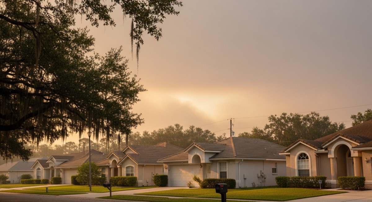 Hazy morning light over Orlando residential neighborhood with distant wildfire smoke drifting across sky