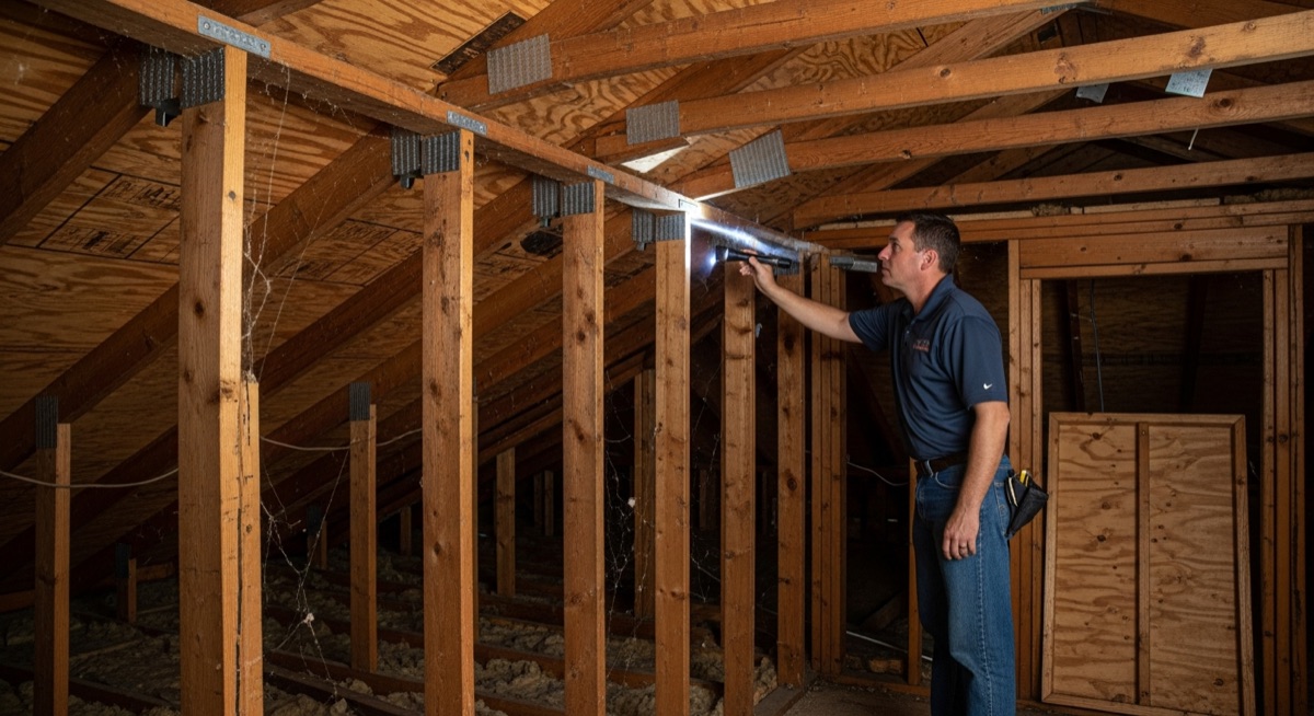 Wind mitigation inspection of roof deck attachment and framing in Orlando home attic